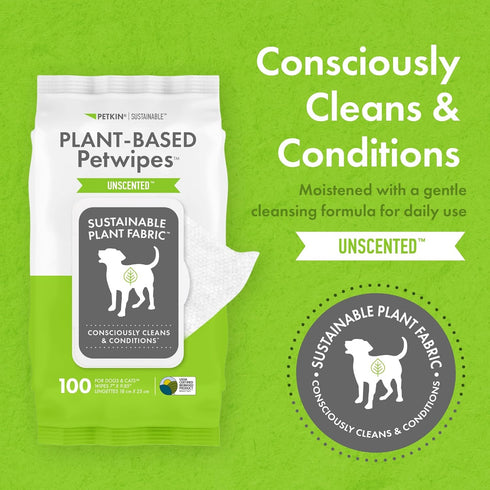 Petkin Plant-Based PetWipes - 100 Wipes, 4 Pack, Biobased, Thick Wipes for Dogs & Cats, Cleans & Conditions