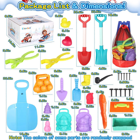 32Pcs Elovien Snow Toys Snowball Maker Snow Molds for Kids Outdoor with Foldable Snow Sleds, Long Shovels Tool, Snowman