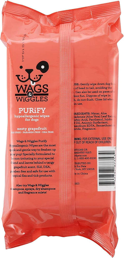 Wags & Wiggles Purify Hypoallergenic Wipes for Dogs, Clean & Condition Coat Without a Bath, Zesty Grapefruit Scent (100