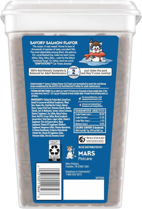 30 oz. Temptations Cat Treats Classic Crunchy and Soft Cat Treats, Savory Salmon Flavor, Tub