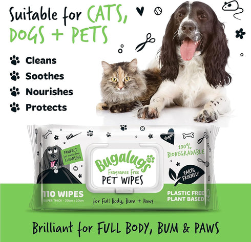 110 Biodegradable Dog Wipes, 100% Plastic Free for Full Body, Eye, Ear, Bum & Paws Grooming, Fragrance Free