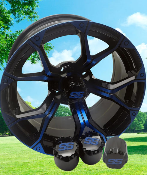 Golf Cart SS Wheel Center Cap Cover, ITP Push in Style for EZGO, Club Car, Yamaha, 4 PCS (Gloss Black with Blue SS)