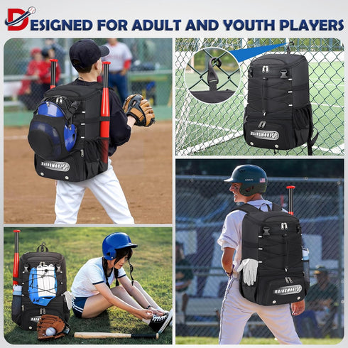 RAINSMORE Baseball Bag - Lightweight Waterproof Backpack for Youth & Adult with Shoe Compartment