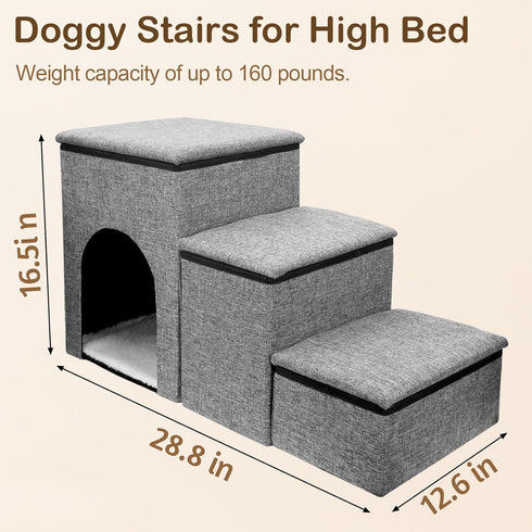 Fhiny 3-Step Dog Stairs with Storage, Non-Slip Foldable Pet Steps for Small Dogs, Grey, Holds up to 160 lbs