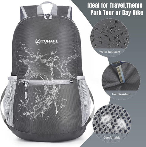 ZOMAKE 20L Ultra Lightweight Hiking Backpack - Packable Water Resistant Daypack for Men Women (Medium Grey)