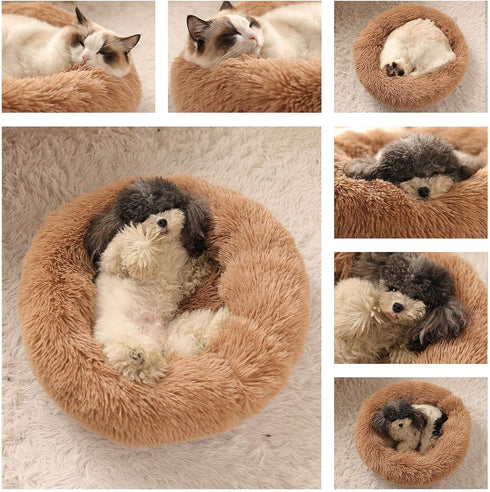Round Donut Dog Bed for Small Medium Large Dogs, Washable Anti-Slip Faux Fur Fluffy Cuddler Cat Bed, 20"