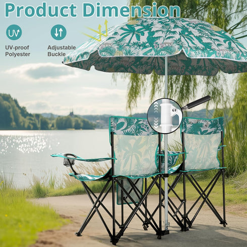 2 Double Camping Chairs with Umbrella, Portable Seat Folding Camp Chair with Cooler Bag, Beverage Holder, Carrying Bag