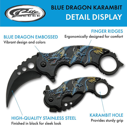 SZCO Supplies 300539-BL Dragon Liner Lock Curved Blade Folding Karambit Knife, Blue, 7" Length