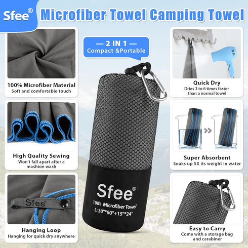 2 Pack Set Backpacking,Bath,Yoga Sfee Microfiber Travel Towel, Quick Dry Camping Towel Large Beach Towel Super