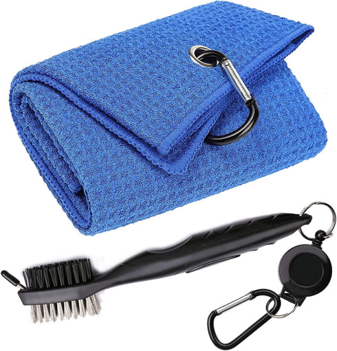 Golf Towels, Microfiber Waffle Pattern Tri-fold Towel with Brush Tool Kit, Clip Included