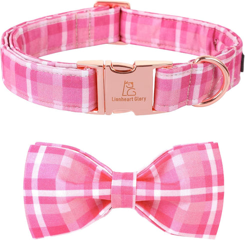 Lionheart Glory Adjustable Pink Plaid Dog Collar with Bowtie, Soft Bowtie Dog Collars for X-Small Puppy Gift