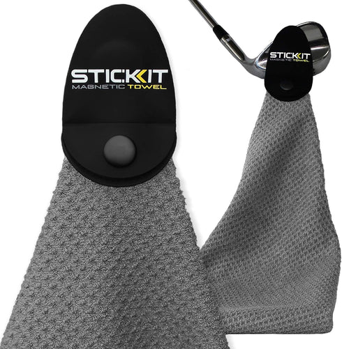 STICKIT Magnetic Towel, Gray - Microfiber Golf Towel with Deep Waffle Pockets and Strong Magnet