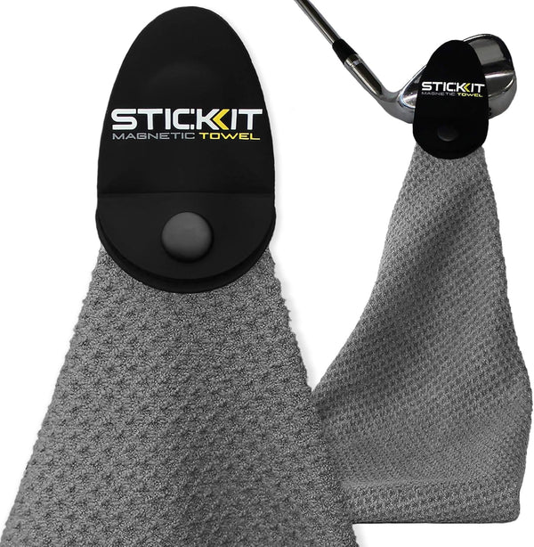 STICKIT Magnetic Towel, Gray - Microfiber Golf Towel with Deep Waffle Pockets and Strong Magnet