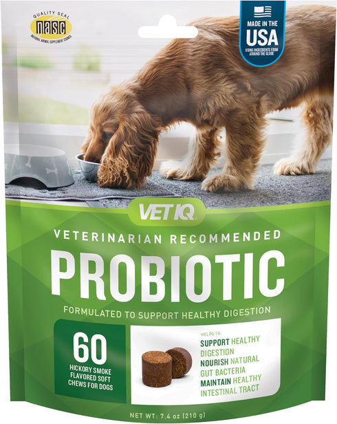 VetIQ Probiotic Supplement for Dogs, 60 Count Digestive Support, Nourishes Gut Bacteria, Hickory Smoke Flavor