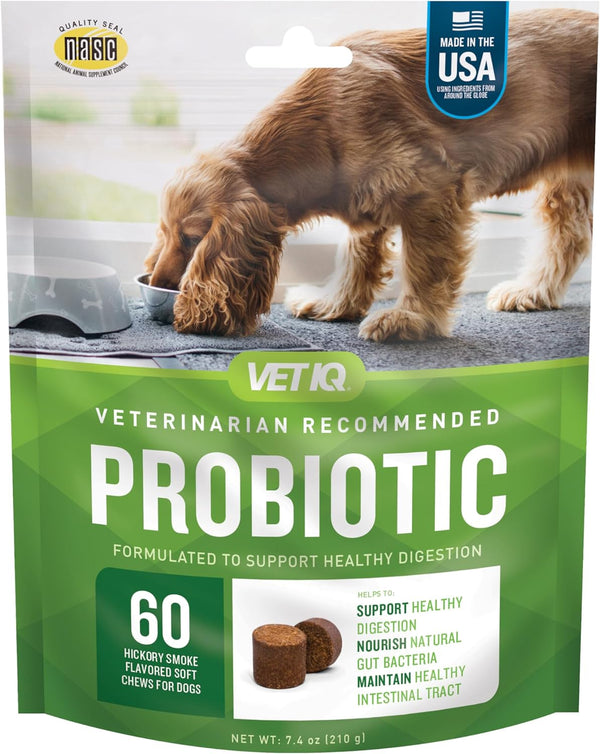 VetIQ Probiotic Supplement for Dogs, 60 Count Digestive Support, Nourishes Gut Bacteria, Hickory Smoke Flavor