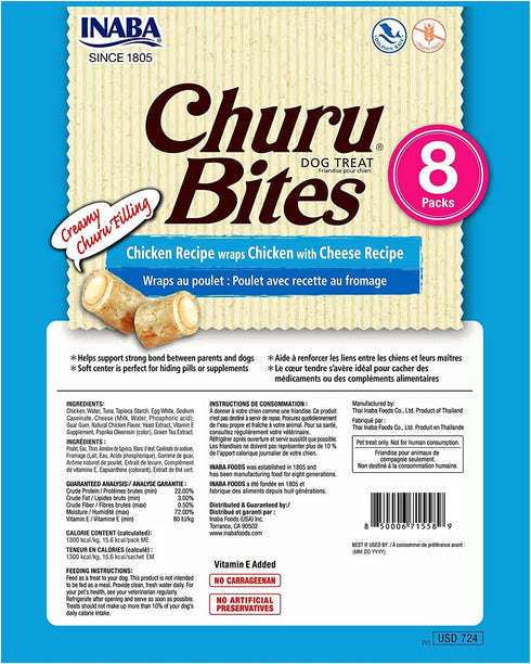0.42 24 INABA Churu Bites for Dogs, Grain-Free, Soft/Chewy Baked Chicken Wrapped Churu Filled Dog Treats, Ounces Each