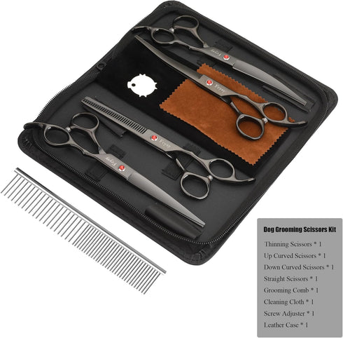 Set Dog Grooming Scissors Kit, Fcysy Professional Pet Hair Cutting Shears with Curved & Straight Blades Scissors