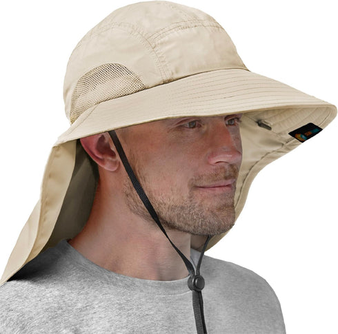 SUN CUBE Wide Brim Sun Hat with Neck Flap, UPF50+ Hiking Safari Fishing Hat for Men Women, Sun Protection Beach Hat