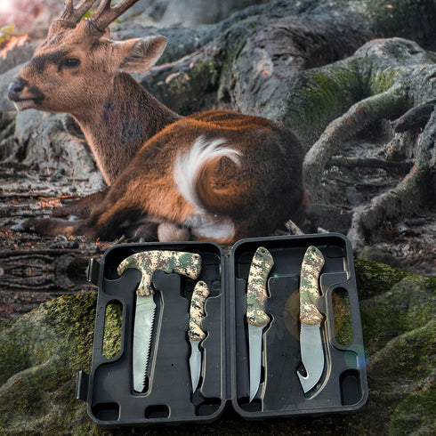 Jellas Hunting Knife Kit, 6 Pieces Stainless Steel Set with Gut Hook, Skinning, Boning, Saw, Gloves & Case