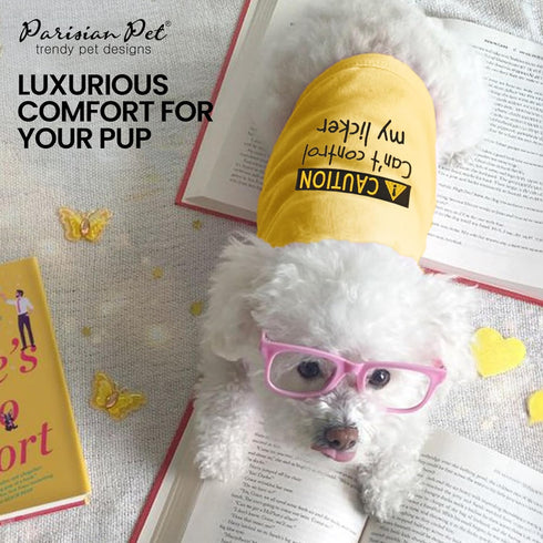 Parisian Pet Dog T-Shirt - Embroidered 'Caution Can’t Control My Licker' Tank Top - Yellow, 100% Cotton, XL