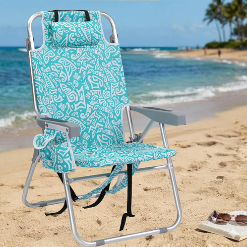 Pinikuyiro Backpack 5-Position, Folding Tall Beach Chair Lightweight, Beach Chair for Adults with Cooler Bag, Cup