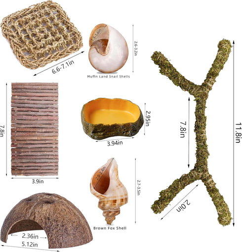 8PCS Hammock, Hermit Crab Accessories Natural Hermit Crab Shells, Coconut Hideout, Climbing Toys Moss, Plants & Water
