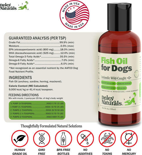 Deley Naturals Dog Fish Oil Icelandic 2X Omega for Itching Skin Relief, 4oz Omega Oil for Dogs