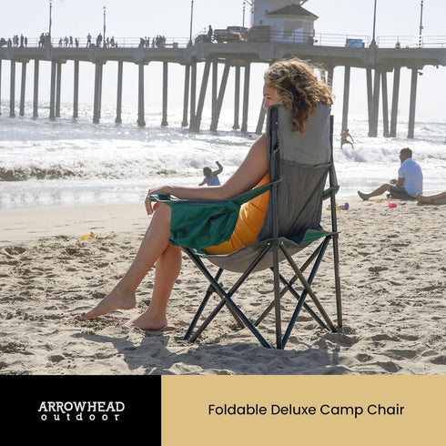 6-can 550 lbs ARROWHEAD OUTDOOR Portable Deluxe Folding Camp Quad Chair w/Headrest, Glass & Cup Holders, Armest Cooler
