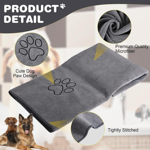 Chumia 4 Pack Dog Towels for Drying, Large Microfiber Grooming Towels with Embroidered Paw for Bathing (Gray, 16 x 32