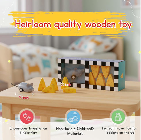 Set, 2 Jack Rabbit Creations Mouse & Cheese Wooden Bowling Toy Pull-Back Mouse Car, Bowling Pins, FSC Certified Wood