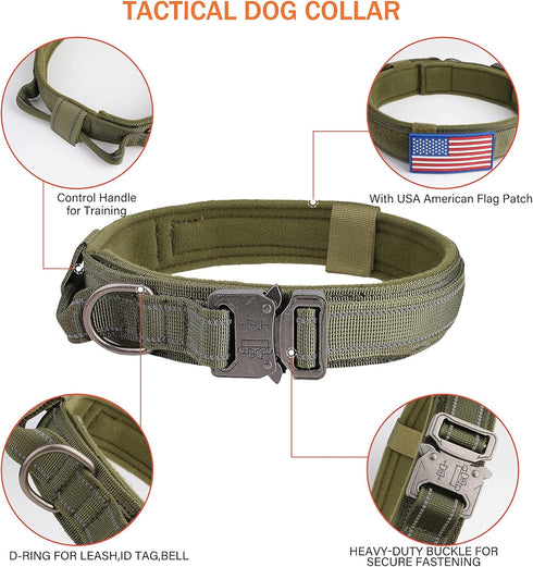 KCUCOP Tactical Dog Collar for Medium & Large Dogs - Heavy Duty Military Nylon with Handle, Reflective Strip & Metal
