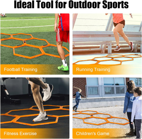 Hex Agility Rings Set of 6/12 - Speed & Agility Footwork Training Equipment for Home Gym, Kids and Adults (Orange)