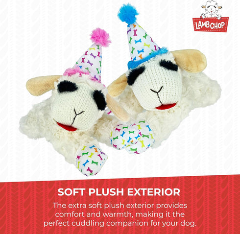 (10.5", 5 Multipet Lamb Chop Dog Plush Toy w/Birthday Hat - Squeaky Toy for All Dogs - Extra Soft Plush - Stuffed
