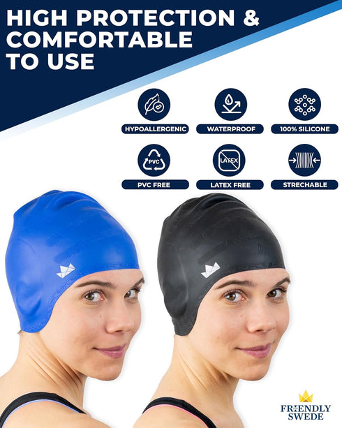 The Friendly Swede 2-Pack Swim Caps for Women & Men — Waterproof Silicone Swimming Caps for Medium & Long Hair