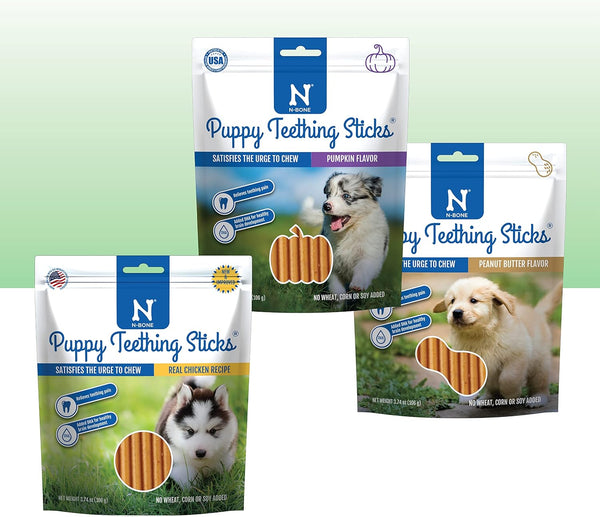 N-Bone Puppy Teething Sticks Variety Pack, Chicken, Pumpkin & Peanut Butter Flavor, 3 Bags, 11.22 oz