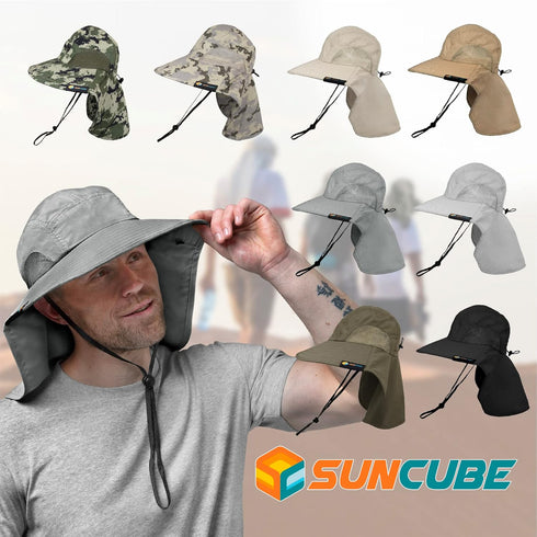 SUN CUBE Wide Brim Sun Hat with Neck Flap, UPF50+ Hiking Safari Fishing Hat for Men Women