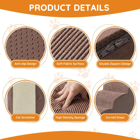 Dog Steps for Bed, 4-Step Dog Ramp for Small Dogs, Non-Slip Design, High Density Foam, Coffee