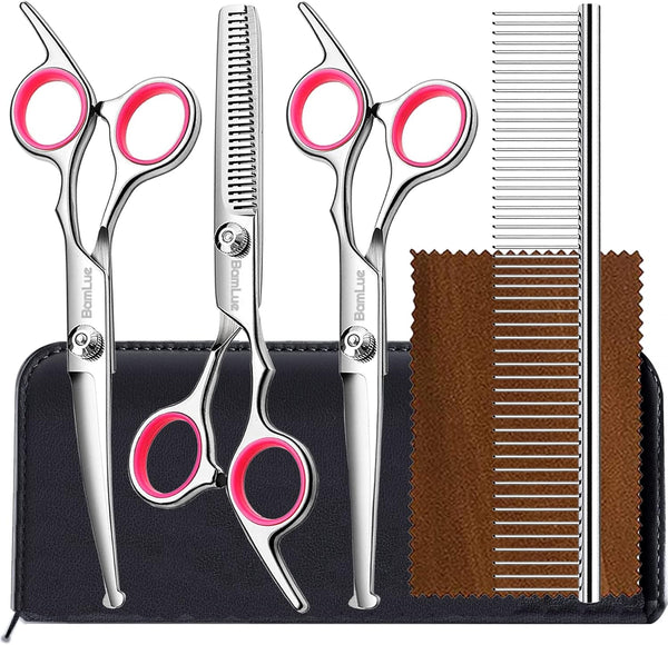 6 in 1 Professional Stainless Steel Dog Grooming Scissors, Anti-Rust Round Tip Shears for Cats, Pink Pet Kit