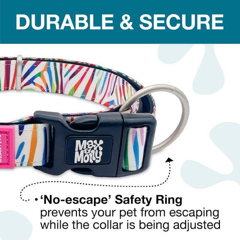 Max & Molly Rainbow Zebra Stripes Dog Collar with Safety QR Code Dog Tag - Soft, Adjustable, & Waterproof Collar, Cute Animal Print Designs for both Girl and Boy Dogs & Puppies, Large