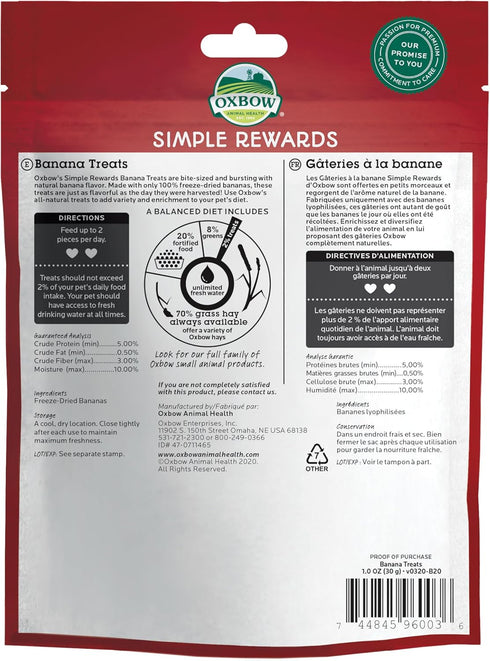 1 oz Oxbow Simple Rewards Small Pet Treats, Banana, Freeze Dried Fruit, Guinea Pig & Bunny Treats, Healthy Pet Fruit
