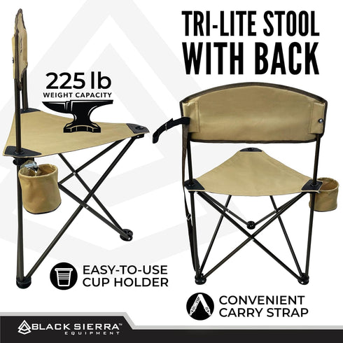 225 LBS Black Sierra Tri-Lite Stool with Back Lightweight, Folding Chair, for in the Hunting Blind, Camping