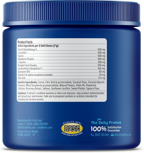 Zesty Paws Cardiovascular Support for Dogs, Taurine, CoQ10, L Carnitine & Sea Buckthorn, Senior Dog Heart Health