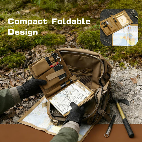 Cxomnndiw Waterproof Map Case for Land Navigation Kit - Khaki Tactical Military Pouch, Oxford+TPU, Foldable with Clear