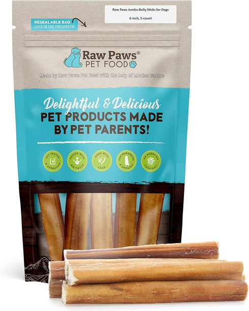 Raw Paws Jumbo Bully Sticks, 6" (5 Pack) - Extra Thick for Medium to Large Breeds, Long Lasting Chews