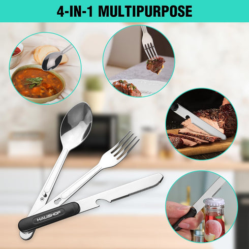 HAUSHOF 4-in-1 Camping Utensils, 2-Pack, Detachable Stainless Steel Spoon, Fork, Knife & Bottle Opener, Backpacking Cutlery for Traveling, Hiking, Picnic, Barbecue - Outdoor Flatware with Carrying Bag by HAUSHOF