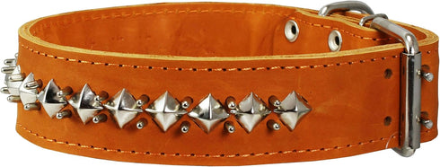 Thick Genuine Leather Spiked Studded Dog Collar - Brown, Fits 18"-22" Neck for Retriever, Doberman, Rottweiler, Pitbull