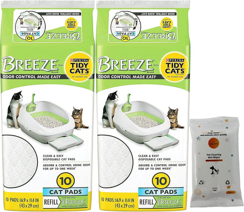 Tidy Cats Breeze Pads Refill Pack (2) with 10 Count Pouches and Aurora Pet Wet Wipes