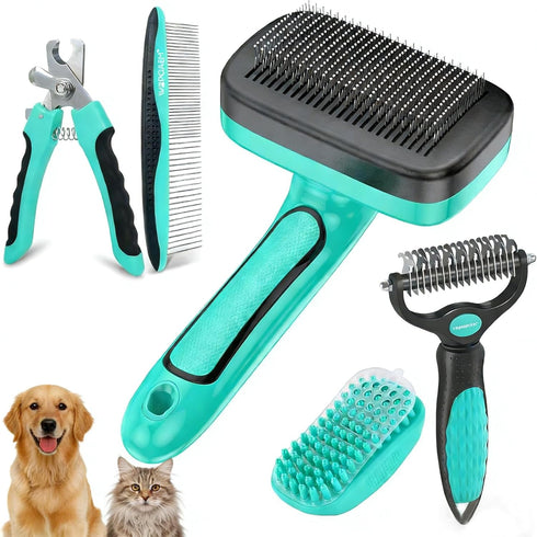 5 PCS Self Cleaning Slicker Brush & Pet Grooming Rake & Bath