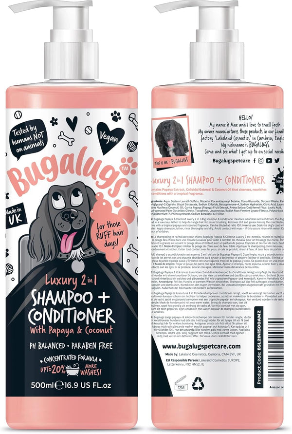 Dog Shampoo Luxury 2 in 1 - Papaya & Coconut Grooming Shampoo for Smelly Dogs, Vegan Pet Shampoo & Conditioner