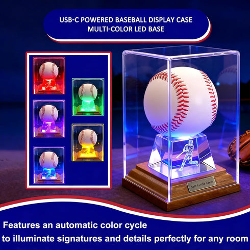 SXDSXK Baseball Display Case, Baseball Display Stand with LED Lights , Wooden Stand and a Bronze Medal,Cube Baseball